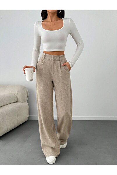 Ronasia Kadın Yüksek Bel Palazzo Balık Sırtı Pantolon – taş