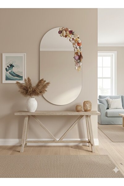 MELİADEKORASYON Özel Tasarım Doğal Deniz Kabuğu Detaylı Banyo Antre Aynası