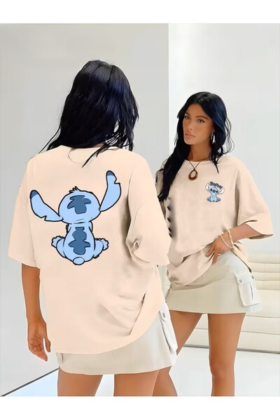 yombaa Stitch Cartoon Printed Women's T-Shirt - Red Casual Short Sleeve