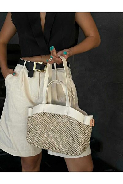 ÖZÜM TAKI A Kaiite Imported Straw Puppy Bag Women's Hand and Shoulder Bag White