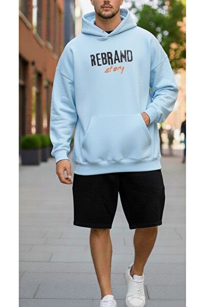 REBRAND Fleece-Lined Sweatpants Shorts Set Printed Oversized Hooded Sweatshir...