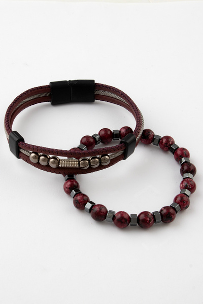 Sortie Aksesuar Genuine Leather Metal Detailed Hematite and Natural Stone Mag...