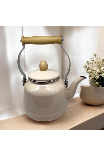 ALEV EMAYE 2,5 LT Ahşap Saplı Vintage Emaye Ihlamur & Bitki Demliği Kapaklı