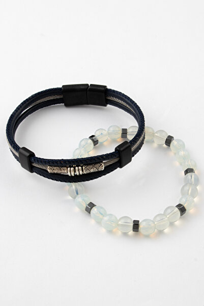 Sortie Aksesuar Genuine Leather Metal Detailed Hematite and Natural Stone Mag...