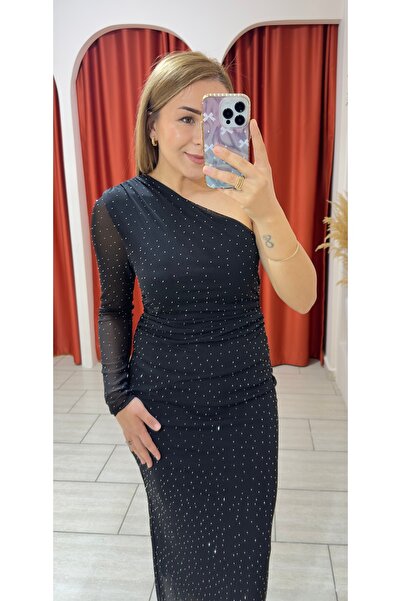 ebruemenbutik Kadın Minik Taşlı Tek kol Uzun Siyah Elbise