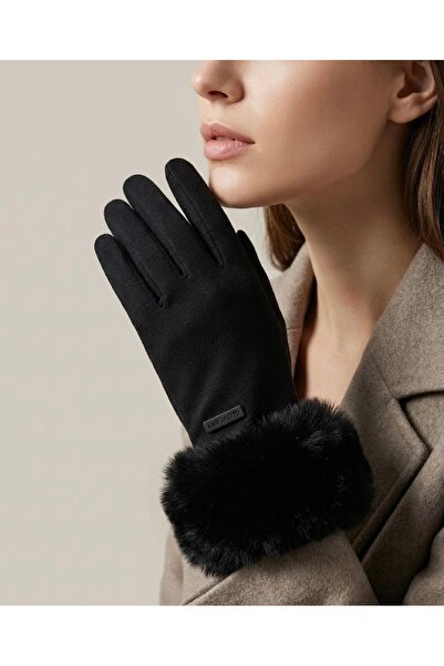 Şirin Giyim Aksesuar Kaşe Eldiven Kadın Siyah - Peluş Tüylü Lüks Glovesxy Yaz...