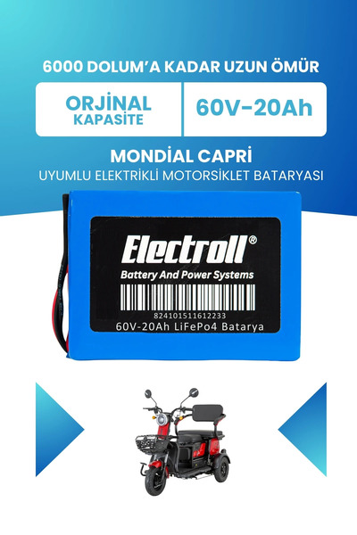 ELECTROLL Mondial Capri Uyumlu Batarya LiFePO4 60V 20Ah Elektrikli Motorsikle...