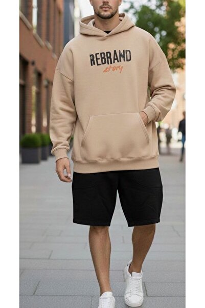 REBRAND Fleece-Lined Sweatpants Shorts Set Printed Oversized Hooded Sweatshir...