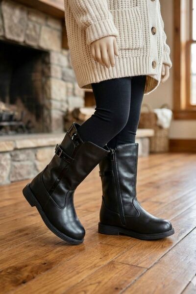 LUCEVERA Kız Çocuk Siyah Uzun Bot 31-35 Numara – Fermuarlı Tokalı Kışlık Günl...