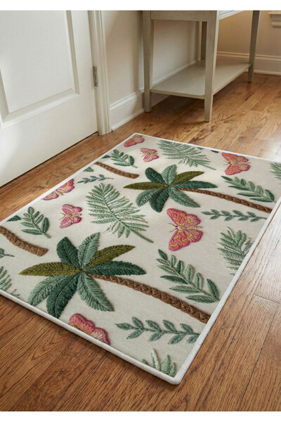 Artvibe Punch Embroidery Look Digital Printed Palm Tree and Butterfly Pattern...