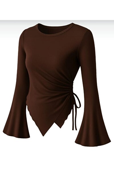 ELMODA Brown Sendy Fabric Side Lace-Up Stylish Blouse Asymmetrical Cut