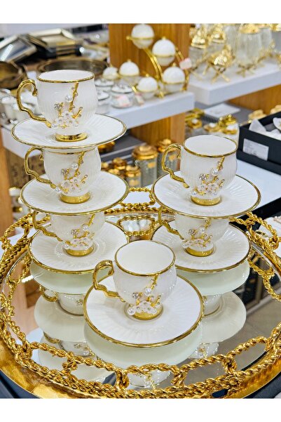 EVRA 6 Kişilik 12 Parça İnci Taşlı Porselen Fincan Takımı m50