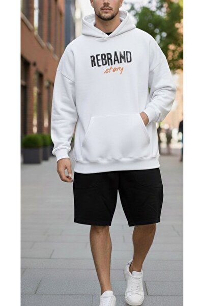 REBRAND Fleece-Lined Sweatpants Shorts Set Printed Oversized Hooded Sweatshir...