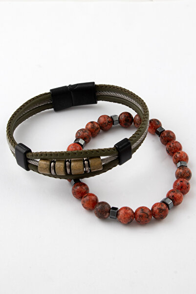 Sortie Aksesuar Genuine Leather Metal Detailed Hematite and Natural Stone Mag...