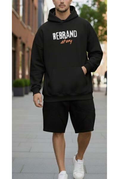 REBRAND Fleece-Lined Sweatpants Shorts Set Printed Oversized Hooded Sweatshir...