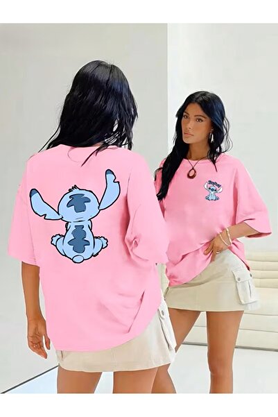 yombaa Stitch Cartoon Printed Women's T-Shirt - Red Casual Short Sleeve