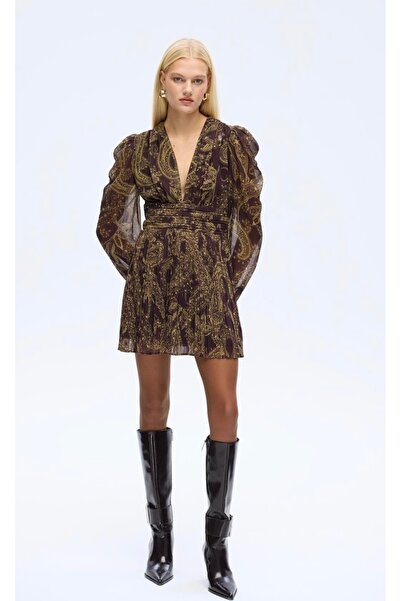 nefes butik Desenli V Yaka Bel Oturtmalı Transparan Kollu Mini Şifon Elbise