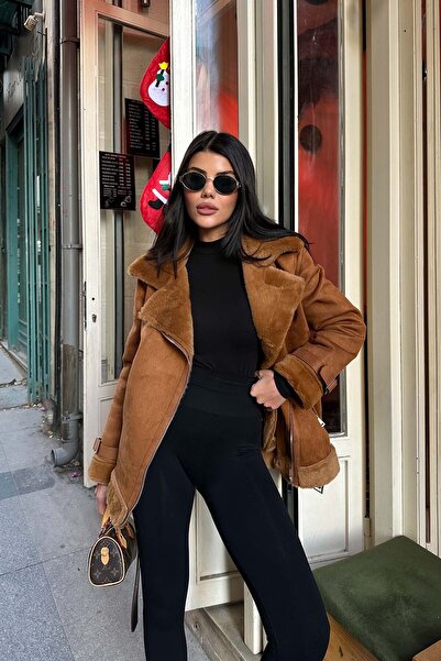 XXL BUTİK Women's Tan Fur Belted Suede Jacket Esr007