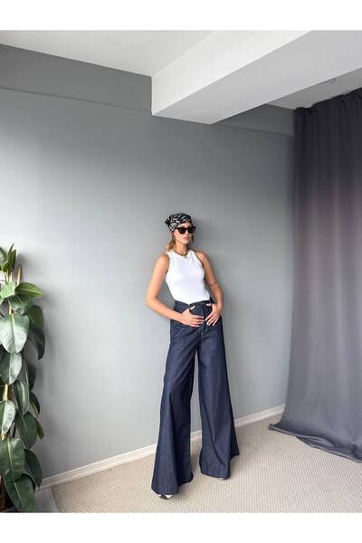 MODAGK Dark Navy Blue Casual Denim Palazzo