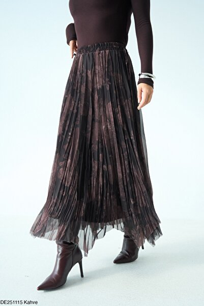 QUSTYLE Women's Wrinkled Effect Patterned Elastic Waist Lined Chiffon Skirt