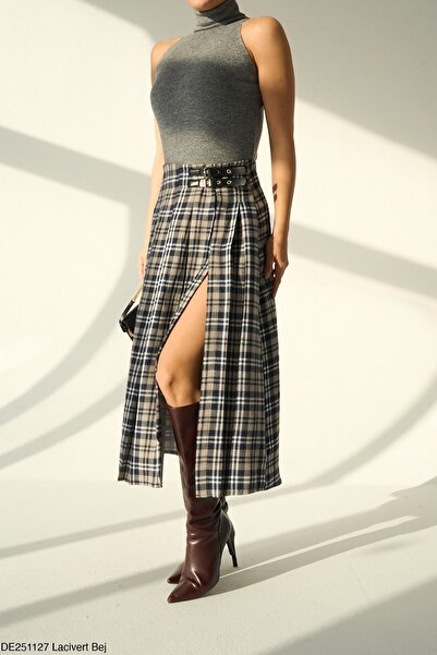 QUSTYLE Fusta lungă cu fantă cu model în carouri pentru femei