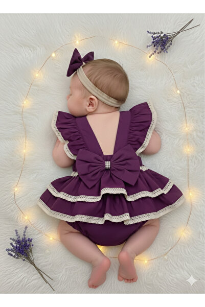 kokosh _ kidss burcu sapmaz Baby Girl Plum Color Lace Romper and Bandana