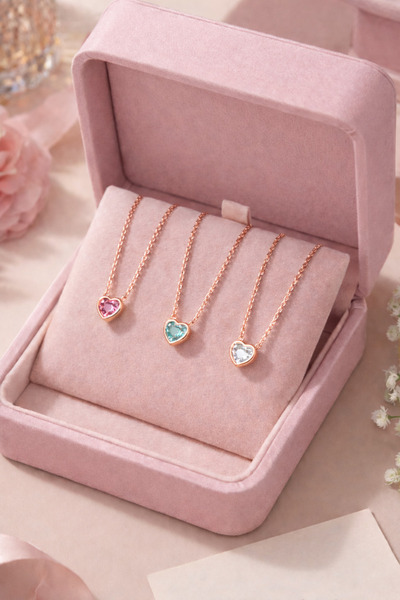 Soleildor 925 ayar Orijinal Gümüş Kişiye Özel Doğum Taşlı Kalp Gümüş Kolye