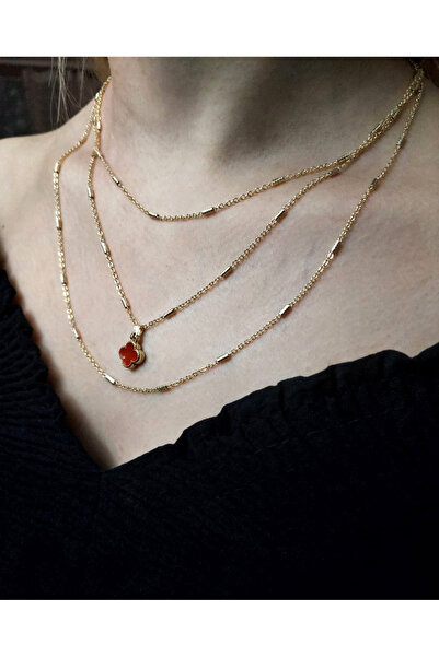 Madam Bikan Gold Renk Kırmızı Yonca Alhambra 3 Lü Kolye