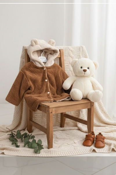 BABYİLAY Unisex Baby Brown Teddy Bear Eared Plush Coat