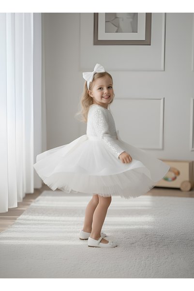 Mixie Birthday Party Evening Dress with Long Sleeves, Sequined Velvet Buckle Gten Skirt