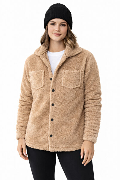 LACHAREL Unisex peluş gömlek ceket - düğmeli, çift cepli kışlık