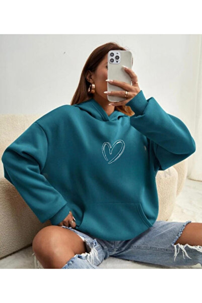 YRN COLLECTION Дамска суитшърт в цвят петролно синьо с голям принт на сърце