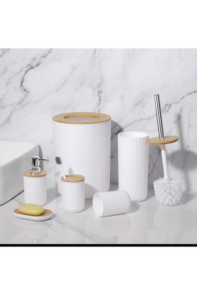 ZJ&Brothers 6 Pcs Bathroom Accessories Set, Toilet Brush, Soap Dispenser, Toothbrush Holder, Cup, (White R)