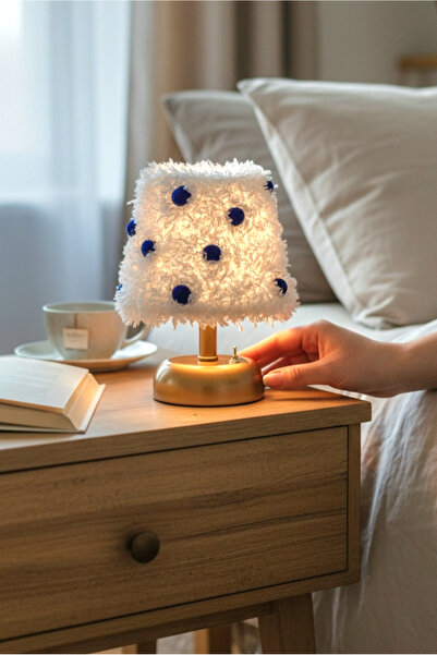 Bubihome Pilli Abajur | Peluş Lacivert Ponponlu | Gold Kablosuz Masa Lambası ...