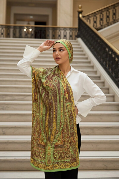 Noorella Scarf Yankı - Retro Desen Şal Yeşil - Kaymaz ve Yumuşak Dokulu Şal