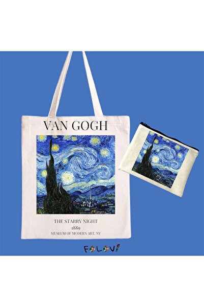 FALAVİ  Van Gogh Yıldızlı Gece Bez Çanta El Çantası Kalemlik Set