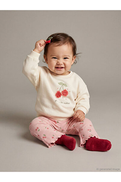 LC Waikiki Cherry-Detail, Soft Structured Baby Girls' Sweatshirt and Leggings