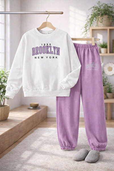 Kids Beyaz-Lila Çocuk Kız Ve Erkek Sevimli ve Havalı Günlük 2 li Alt Üst Takım