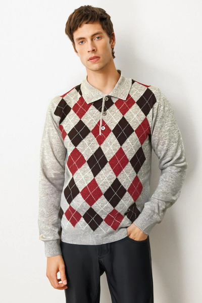centilmen Desen Polo Neck Front Diamond Patterned Wool Sweater 24513