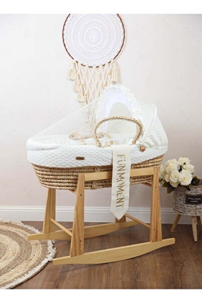 Mini Baby Moses Basket Cradle with Wooden Rocking Stand in Cream Color