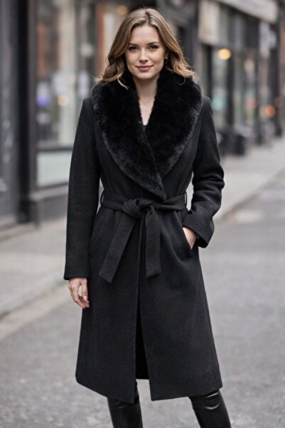 esinbutik Women's Fur Coat with Detachable Collar