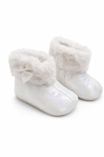 Superbaby White baby booties with fur, warm interior, soft sole