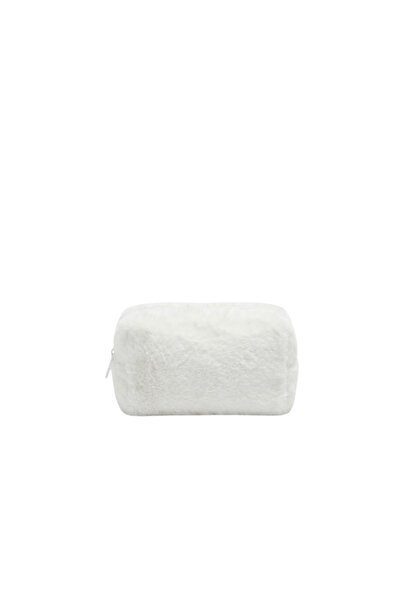 Valenora White Plush Fabric Single Compartment Travel and Makeup Bag
