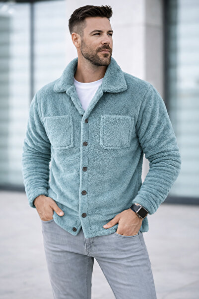 LACHAREL Unisex peluş gömlek ceket - düğmeli, çift cepli kışlık