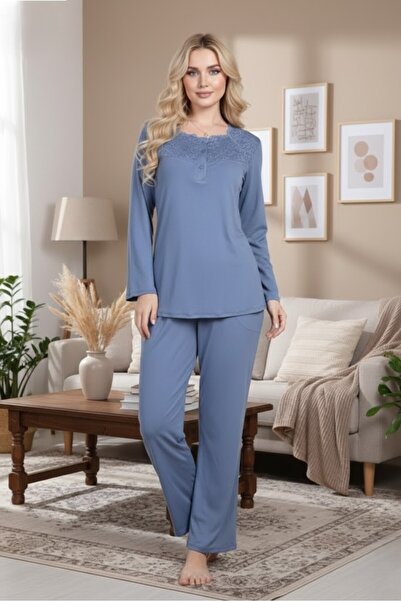 Lohusa Homewear Women's Indigo Lace Detailed Long Sleeve Design Plus Size (Ov...