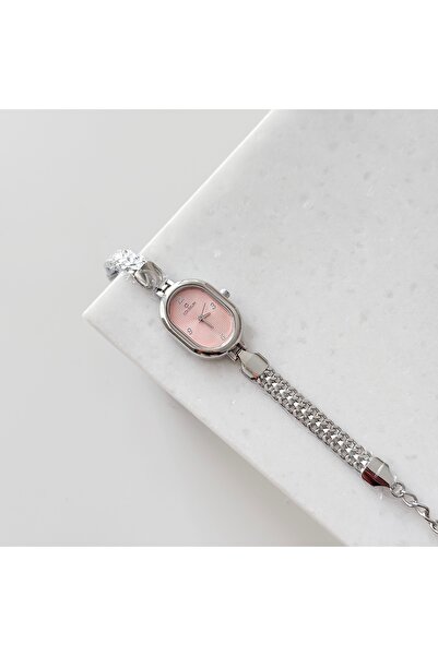 Vesce Atelier Straw Cord Silver Oval Watch Pink
