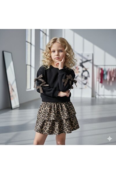 Pinkitokids Costum cu mâneci leopard și fustă cu detaliu panglică-negru