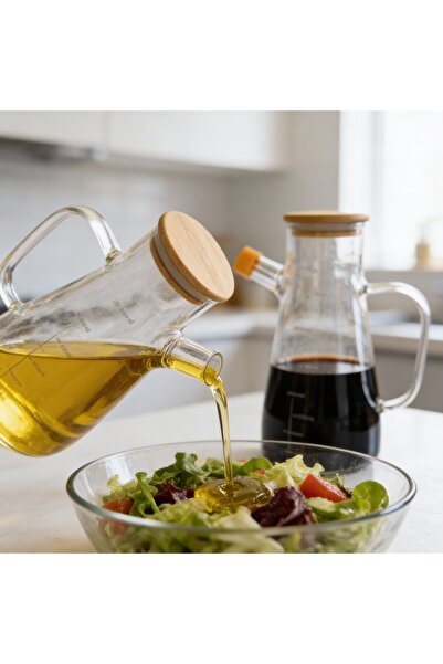 SweetHomes`s Bambu Kapaklı 2`li Cam Yağdanlık – Ölçekli, Akıtmaz Ağızlı