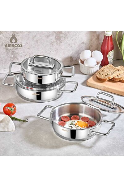 Amboss مقلاة ضحلة - 6 قطع - ستانلس ستيل - غطاء زجاجي