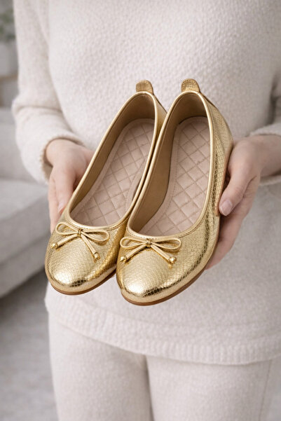 FootFrenzy Lucy Women's Gold Patterned Comfortable Daily Model Ballerina Shoes